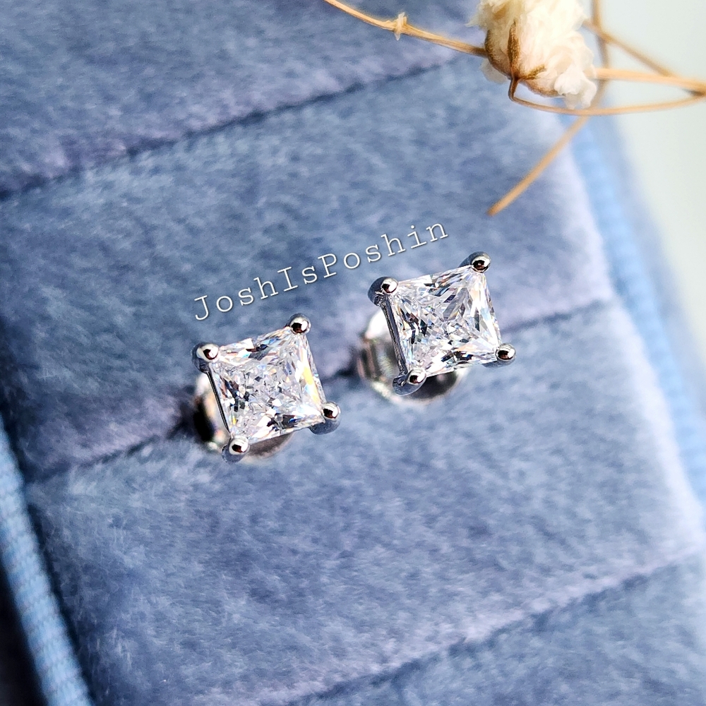 0.80CTW princess shape white diamond stud earrings in sterling silver